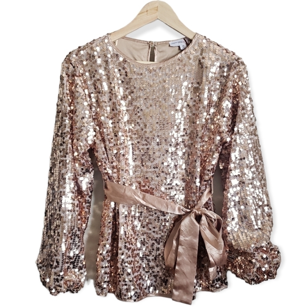 Elegant gold sequin embellished puff sleeve round neck belted top large